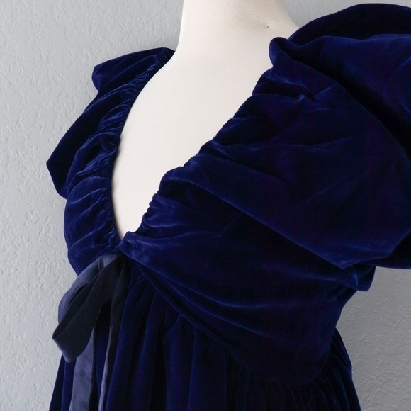 Endless Rose Women Small Navy Blue Velvet Ruffle V Neck Bow Mini Babydoll Dress - Picture 9 of 10